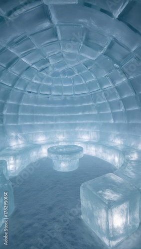 Interior of an Igloo made entirely of ice and snow.