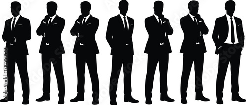 Businessmen silhouette set, corporate attire, professional poses, standing posture, arms crossed, hands in pockets, black and white, office icons, team concept
