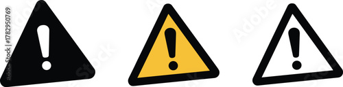 Exclamation mark warning sign set, black and yellow caution triangle icons, stylized alert graphics, safety signage illustration, hazard symbol design elements