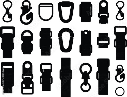Fastener silhouette illustration, black and white clip and buckle icons, carabiner and D-ring graphic, outdoor gear hardware art, stylized fastening device set