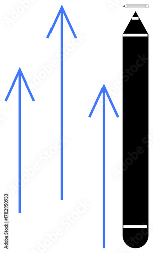 Vertical black stylus with three ascending blue arrows. Represents creativity, growth, innovation, technology, design, progress, and aspiration in a simple flat metaphor