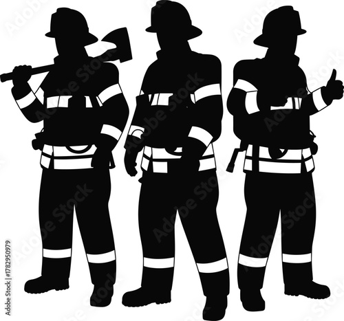 Firefighter silhouette illustration, black and white emergency responder icons, protective gear graphic, stylized safety uniform art, rescue worker design, helmet and axe figures