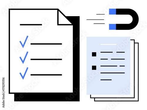Papers with checkmarks and lists, accompanied by a magnet symbol pulling documents. Ideal for organization, productivity, workflow, data management, goals, task prioritization, digital concept