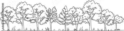 Forest illustration, black and white tree icons, stylized woodland scene, nature landscape graphic, foliage silhouette art, environmental design element, outdoor vegetation