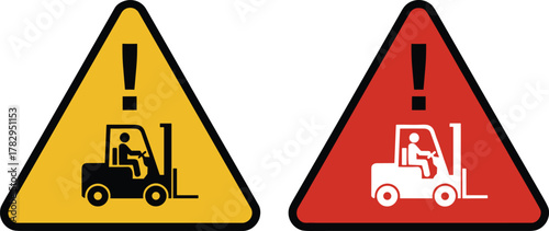 Forklift warning sign set, industrial safety triangle icons, stylized warehouse hazard graphics, black red yellow caution symbols, workplace equipment alert illustration