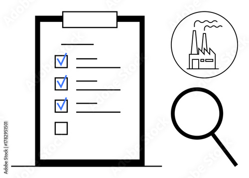 Clipboard with checklist, checked items, unchecked box, magnifying glass, industrial plant. Ideal for quality control, compliance, inspection, productivity planning manufacturing audit factory