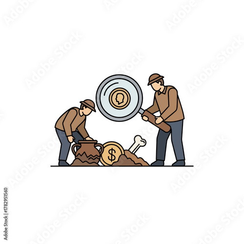 Archaeologists Unearthing Historical Artifacts and Financial Treasures with Magnifying Glass.