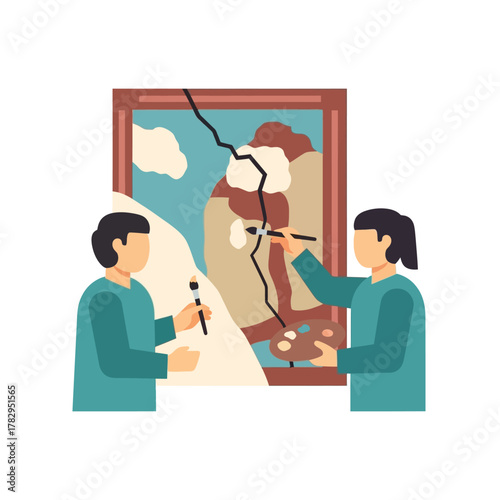 Art Restoration Team Repairing Damaged Painting with Care and Precision.