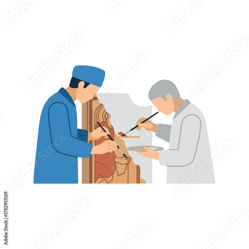 Artisans meticulously crafting intricate wooden sculptures with precision.