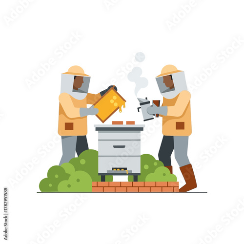 Beekeepers Inspecting a Beehive with Protective Suits and Equipment.