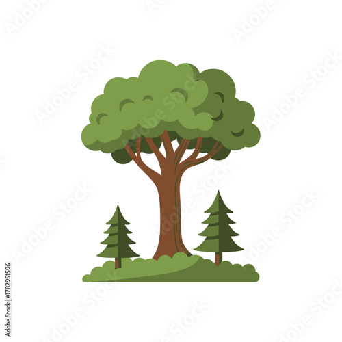 Cartoon illustration of a large tree with two smaller evergreen trees.