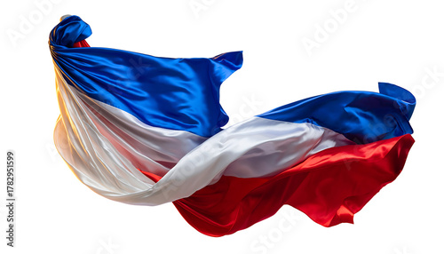 Flowing Fabric in French Tricolore Colors, Dynamic Movement and Silk Texture.