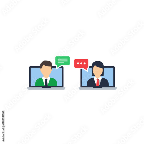 Online Meeting Illustration - Two People Communicating Via Laptops with Speech Bubbles.