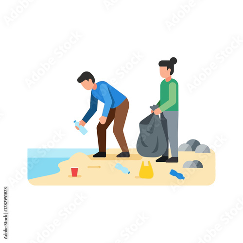 People Cleaning Up Trash on Beach, Environmental Conservation.