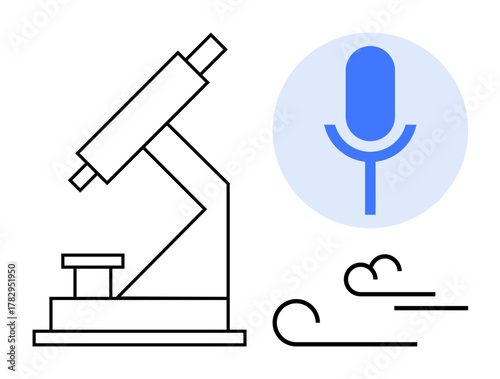 Microscope and blue microphone outline with abstract wave lines. Ideal for science, research, technology, communication, innovation, education, discovery. A simple flat metaphor