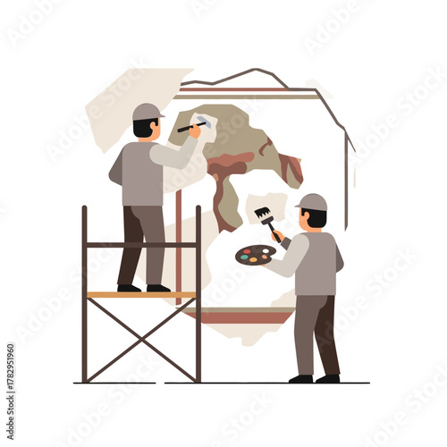 Restoration Team Meticulously Restoring a Large Mural.
