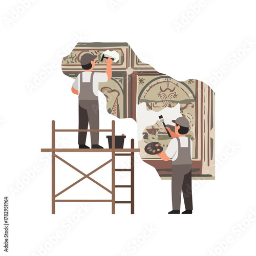 Restoration Workers Repairing Ornate Building Facade with Scaffolding.