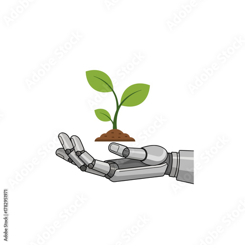 Robot Hand Holding a Sprout - Technology and Nature Harmony.