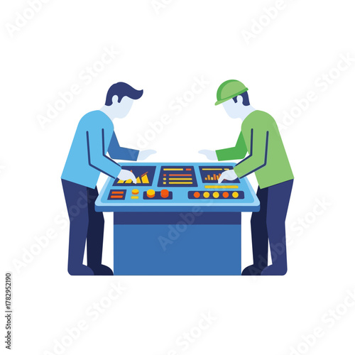 Two Engineers Operating a Control Panel in an Industrial Setting.