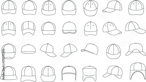Baseball cap design collection, brim and panel variation, multi-angle views, fashion flat sketch, cad drawing flat vector illustration