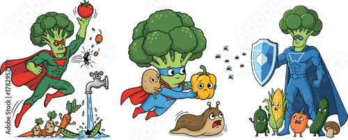 Superhero Broccoli Mascot Protecting Vegetables from Pests Icon Set