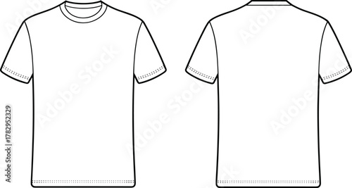 Basic crew neck t-shirt flat sketch, front and back view, short sleeve apparel template, CAD drawing, vector fashion illustration for garment design