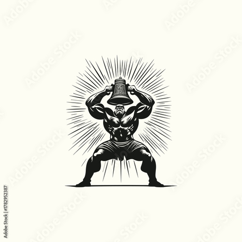 vector illustrations Strong muscular man lifting a heavy giant bell over his head