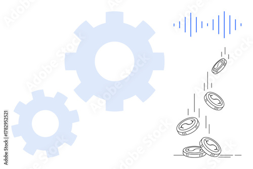 Gears representing automation, stacked coins conveying financial growth, blue sound wave lines suggesting technology. Ideal for finance, technology, automation, efficiency, innovation, savings