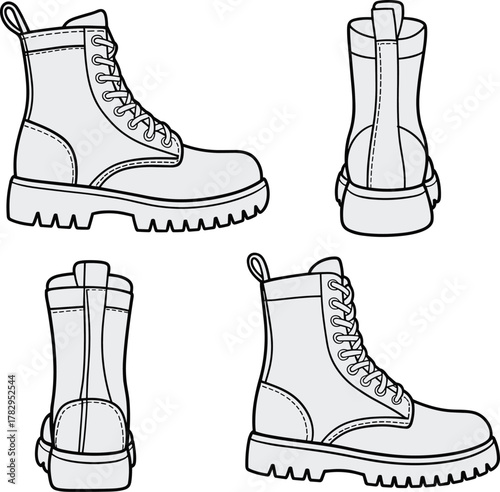 Combat boots, lace-up footwear, rugged sole, military style, fashion sketch, boot design, technical drawing, footwear illustration, cad drawing flat vector illustration