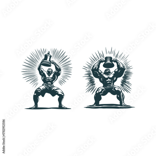 vector illustrations Strong muscular man lifting a heavy giant bell over his head