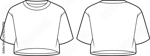 Cropped t-shirt technical sketch front and back view, fashion cad drawing, garment vector template, clothing design outline, apparel illustration, cad drawing flat vector illustration