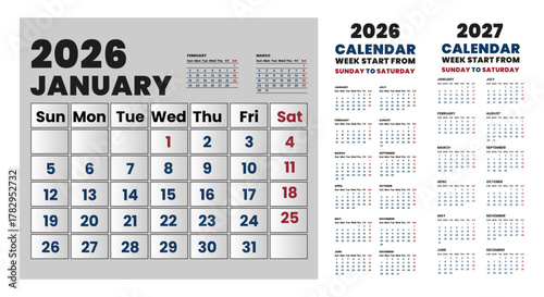 2026 and 2027 vector calendar design with editable font. English calendar design monthly layout. 2026 to 2027 yearly calendar layout from Sunday to Saturday.