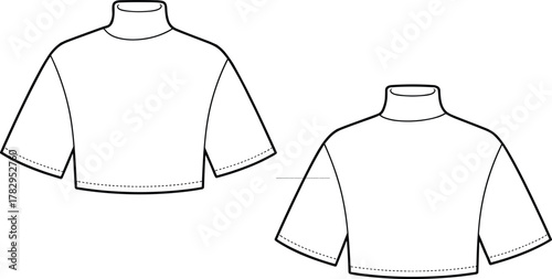 Cropped turtleneck top technical sketch front view, fashion cad drawing, garment vector template, clothing design outline, apparel illustration, cad drawing flat vector illustration