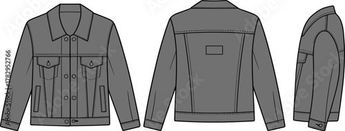 Denim jacket technical sketch front back side view, fashion cad drawing, garment vector template, clothing design outline, apparel illustration, cad drawing flat vector illustration