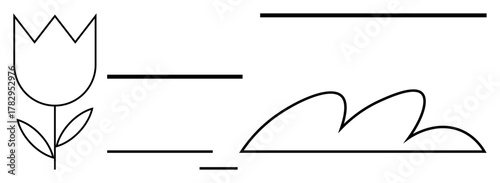 Tulip flower with thin stem and leaves, curved cloud formation, and horizontal line accents. Ideal for nature, growth, minimalism, tranquility, abstract art landscaping eco-friendly themes. Simple