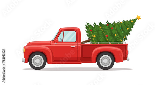 Vintage Red Truck Carrying Christmas Tree, Holiday Transport Illustration