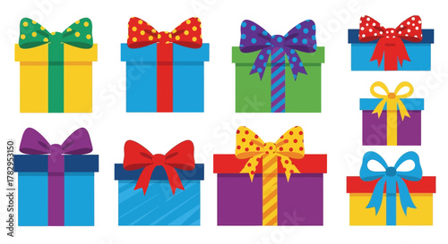 Colorful Collection of Festive Gift Boxes with Bows for Celebrations and Special Occasions