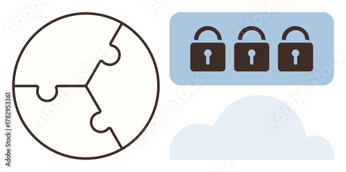 Globe formed by puzzle pieces, cloud illustration, and multiple padlocks symbolizing data security. Ideal for themes of cybersecurity, global connection, privacy, cloud computing, collaboration