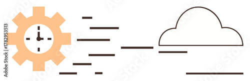 Gear with clock representing time efficiency, connected to a cloud for digital transformation. Ideal for productivity, technology, innovation, cloud computing, networking, automation, and digital