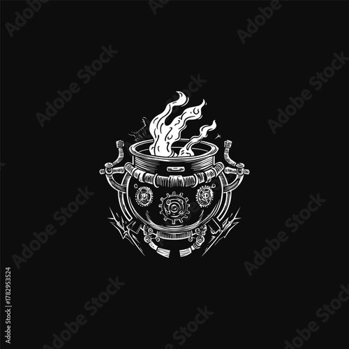engraving illustration of a mystical cauldron or witch's pot infused with intricate steampunk mechanical elements