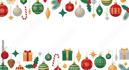 A festive Christmas holiday border with a collection of hanging ornaments, gift boxes, and candy canes on a white background