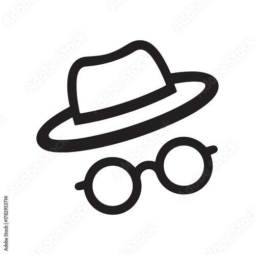 Anonymous Icon Black Outline of Hat and Glasses, Incognito Mode Symbol