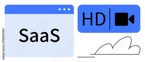 SaaS interface with cloud icon, HD video symbol, and minimalist elements. Ideal for cloud computing, video streaming, tech platforms, online services, digital media, innovation simple flat metaphor