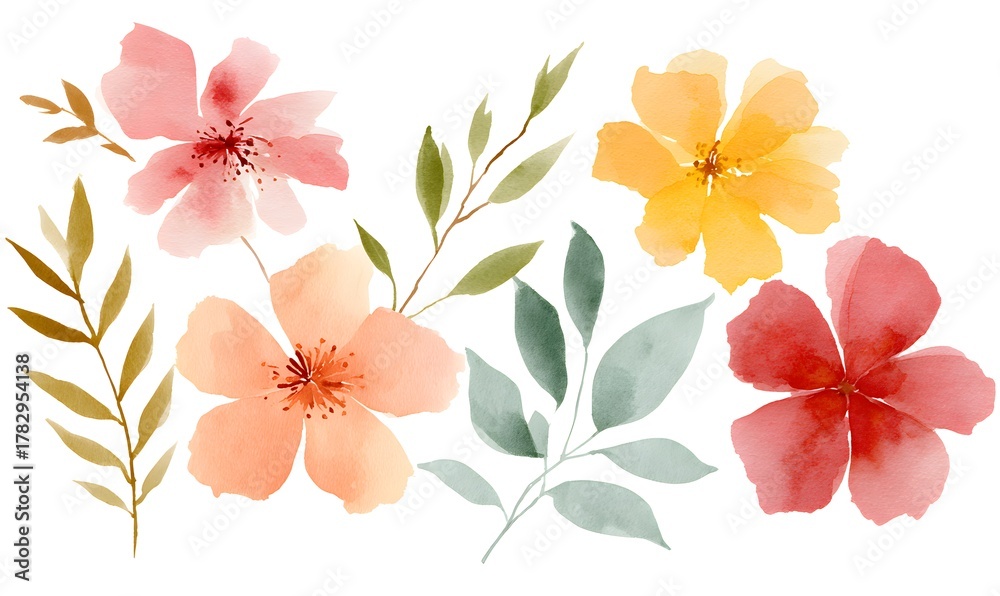 Obraz premium Generate soft watercolor flowers in the colors peach, red , mustard yellow and leaves pistachio color