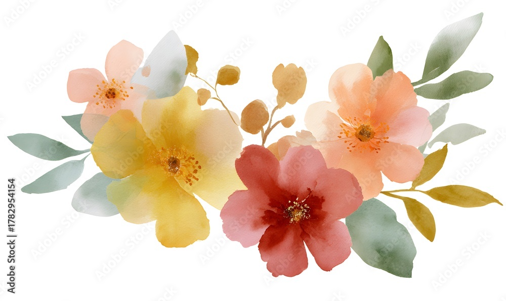 Naklejka premium Generate soft watercolor flowers in the colors peach, red , mustard yellow and leaves pistachio color