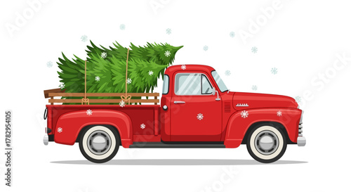 Festive Red Truck Delivering Christmas Tree A Holiday Illustration for Celebrations and Cheer