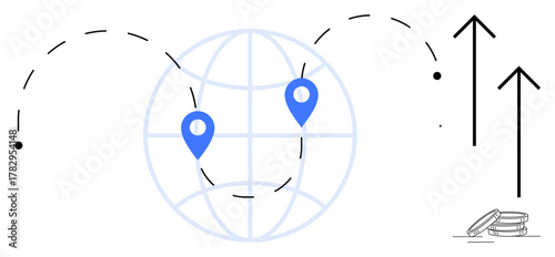 Globe with two location markers connected by dashed line, upward arrows symbolizing growth, stack of coins. Ideal for global trade, logistics, travel, economic growth, globalization, investment