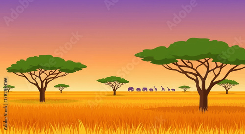 African Savanna Landscape with Acacia Trees and Wildlife Silhouette.