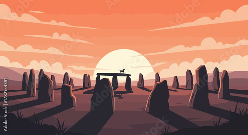 Ancient Stone Circle Silhouette at Sunset with Dog.