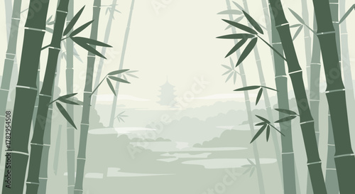 Bamboo Forest Illustration - Serene Green Bamboo Stalks and Leaves in a Tranquil Setting.